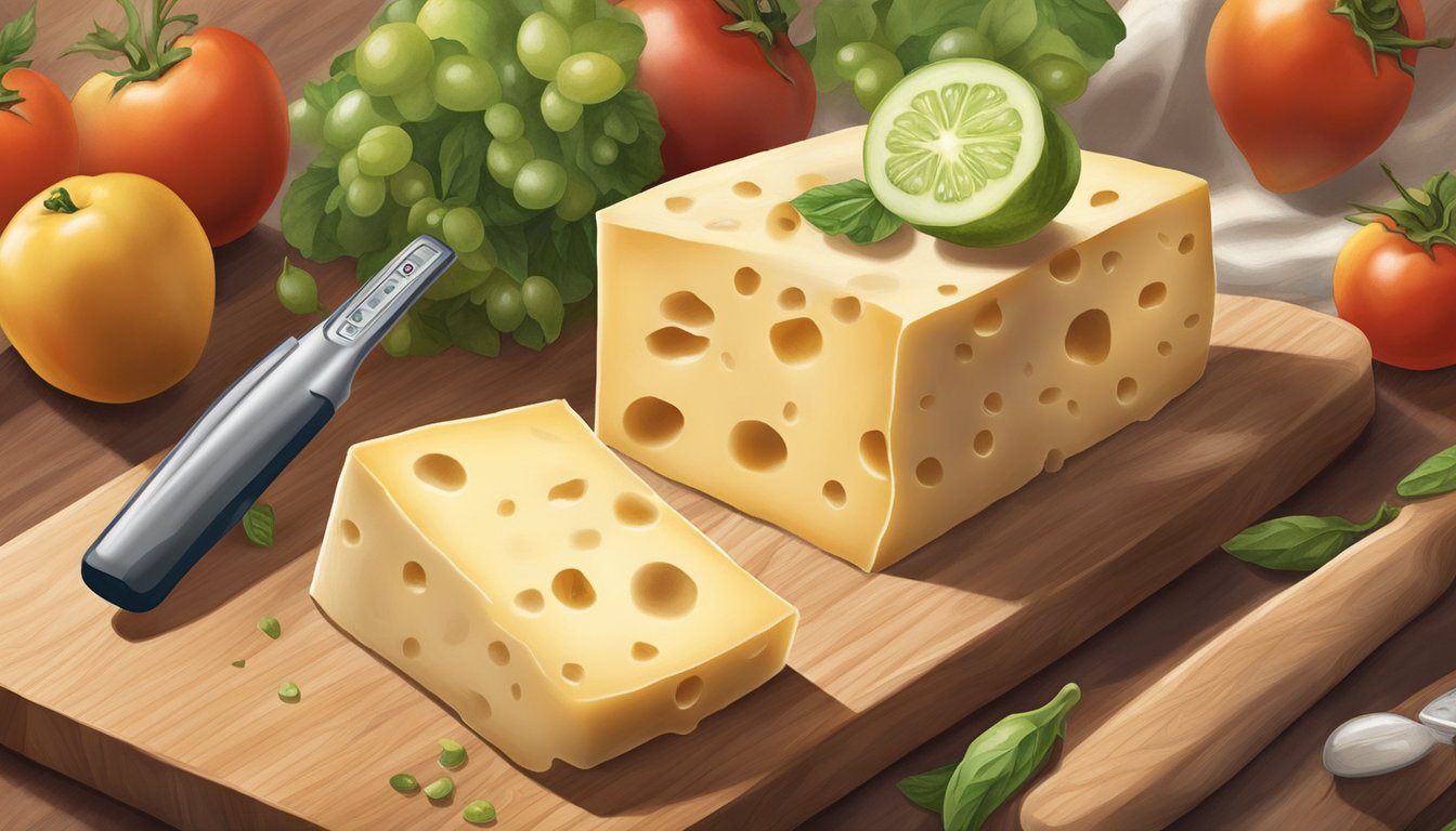 A wedge of swiss cheese sits on a wooden cutting board, surrounded by fresh produce and a thermometer. The cheese appears slightly moldy