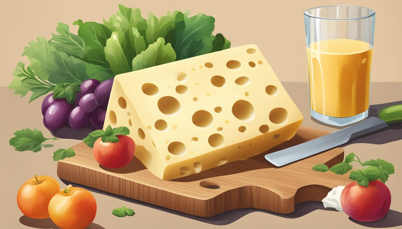 A block of swiss cheese sits on a wooden cutting board, surrounded by fresh produce and a glass of milk