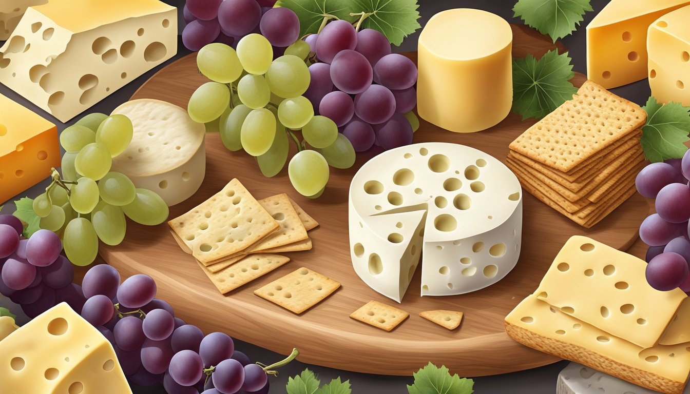 A cheese board with various types of Swiss cheese, grapes, and crackers arranged in an aesthetically pleasing manner