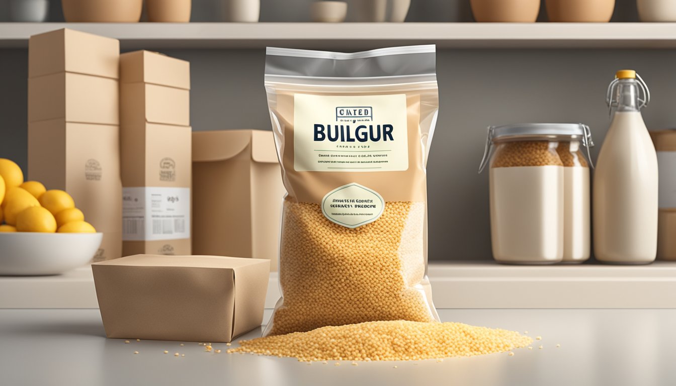 A bag of bulgur sitting on a clean, organized pantry shelf with a clear expiration date visible