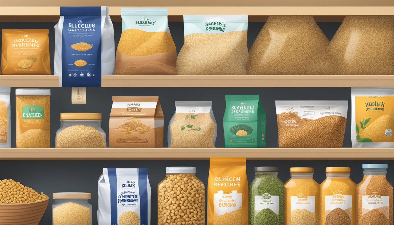 A sealed package of bulgur sitting on a pantry shelf, surrounded by other dry goods