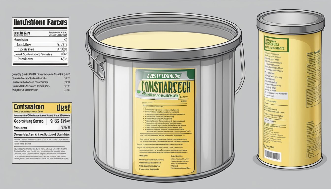 A sealed container of cornstarch with a best-by date and a list of quality indicators