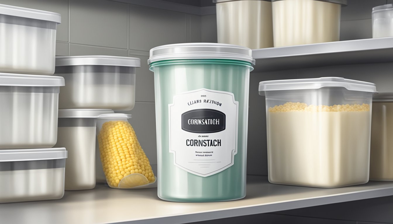 A clear plastic container of cornstarch sits on a kitchen shelf, with a label indicating the expiration date