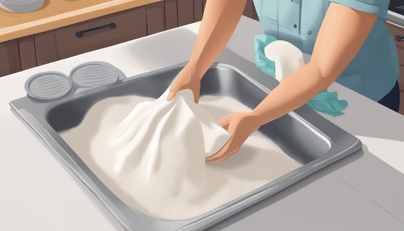 A spilled box of cornstarch on a clean kitchen counter, with a hand reaching for a cloth to wipe it up