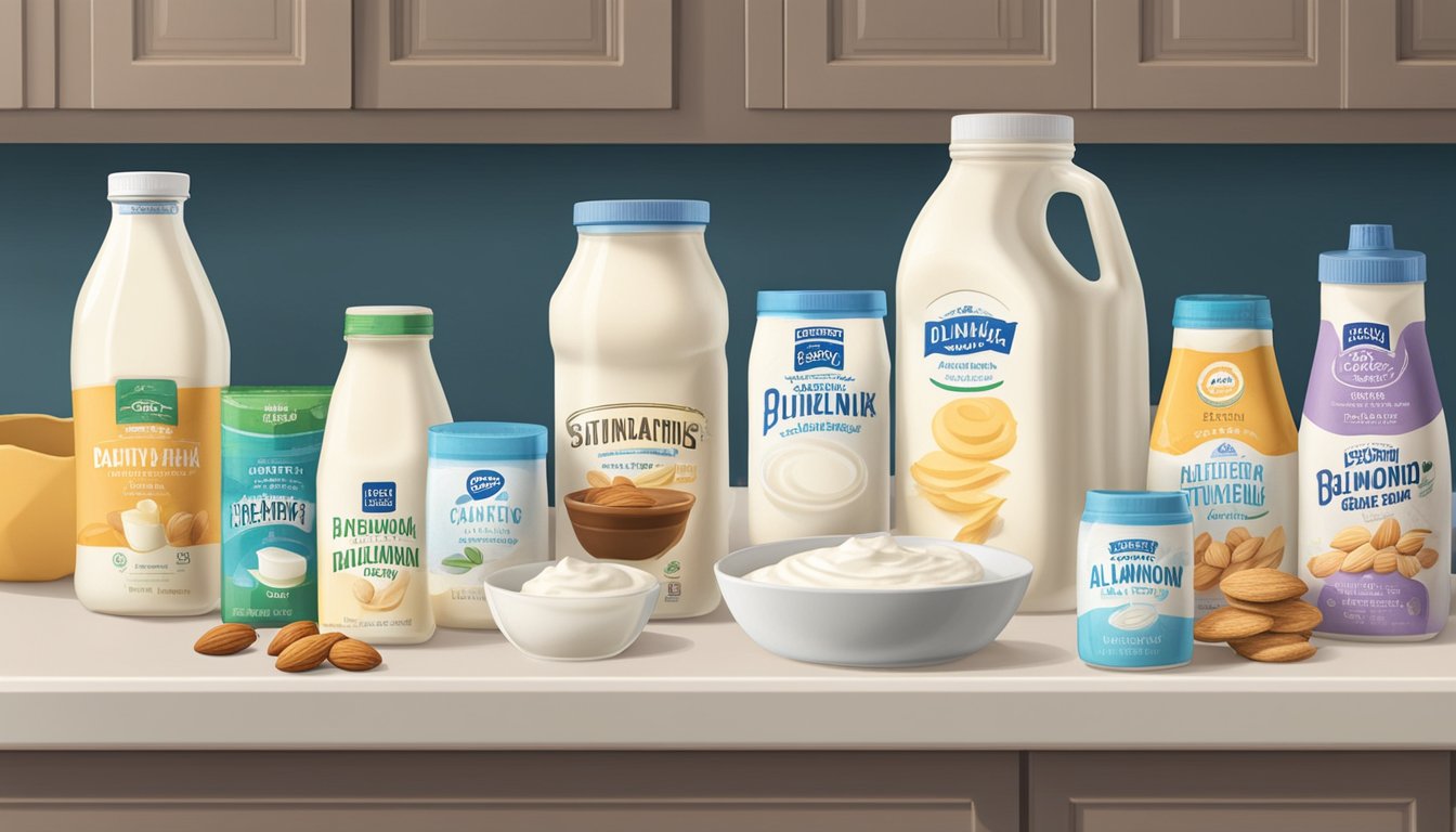 A variety of dairy and non-dairy alternatives to buttermilk lined up on a kitchen counter. Options include almond milk, yogurt, kefir, and sour cream