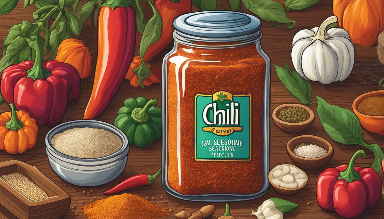 A jar of chili seasoning sits on a kitchen counter, surrounded by fresh chili peppers, garlic, and other spices. The vibrant colors and enticing aroma suggest a commitment to maintaining flavor and quality