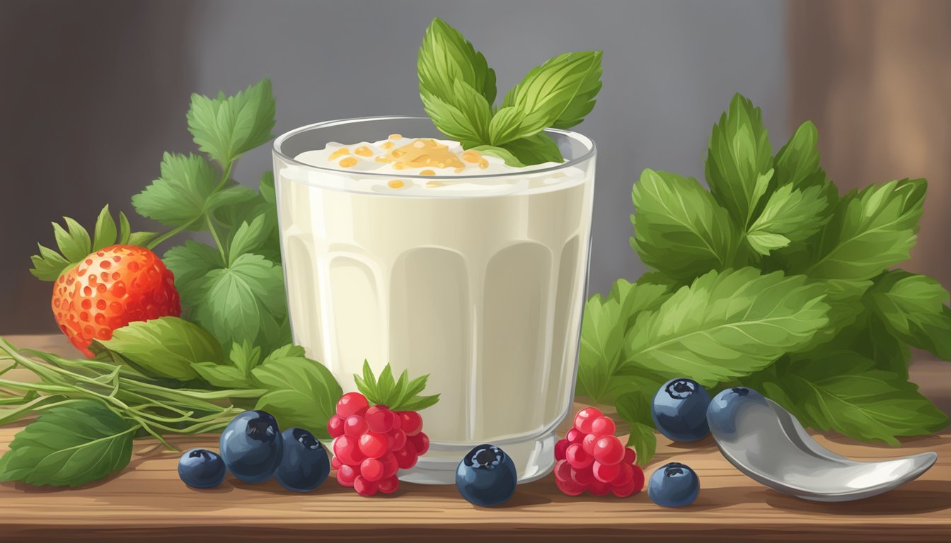 A glass of buttermilk sits on a rustic wooden table, surrounded by fresh herbs and a bowl of ripe berries