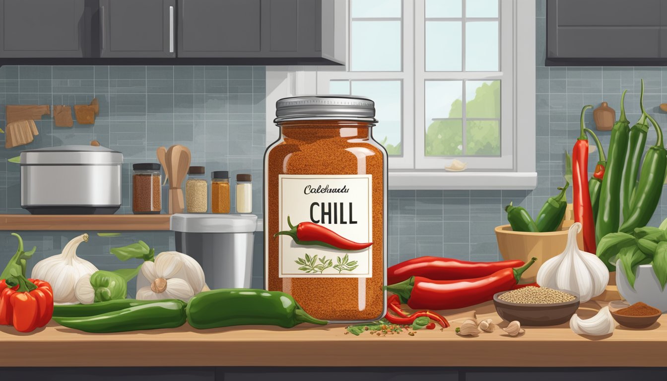 A jar of chili seasoning sits on a kitchen counter, surrounded by fresh chili peppers, garlic, and other spices. A calendar on the wall shows the current date