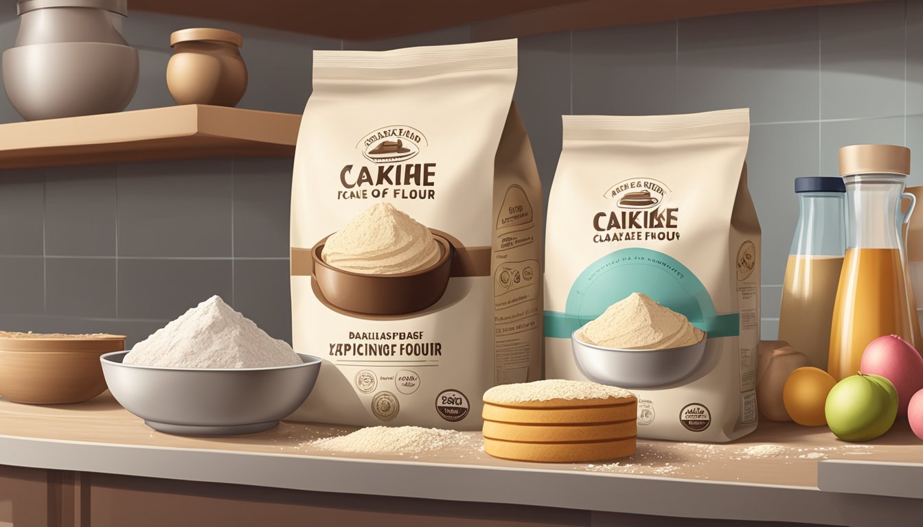 A bag of cake flour sits on a shelf, surrounded by other baking ingredients. The expiration date is clearly visible on the packaging