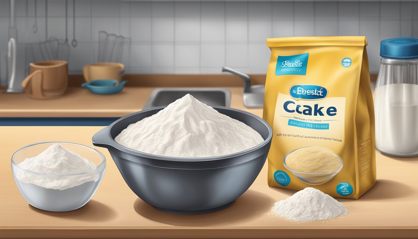 A bag of cake flour with a best-by date, a measuring cup, and a mixing bowl on a kitchen counter