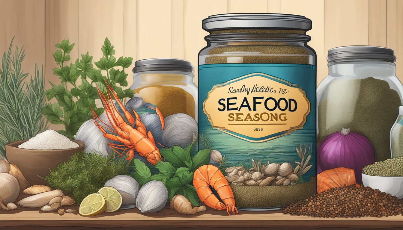 A jar of seafood seasoning sits on a shelf, surrounded by various dried herbs and spices. The label indicates the expiration date, while the vibrant colors and textures of the ingredients hint at its flavor profile