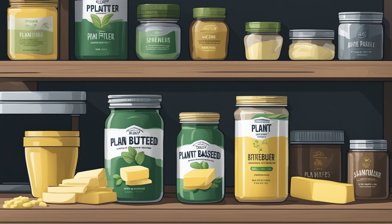 A jar of plant-based butter sits in a cool, dark pantry next to other non-perishable items