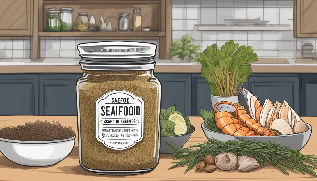 A jar of seafood seasoning sits on a kitchen counter, surrounded by various spices and herbs. The label on the jar indicates an expiration date