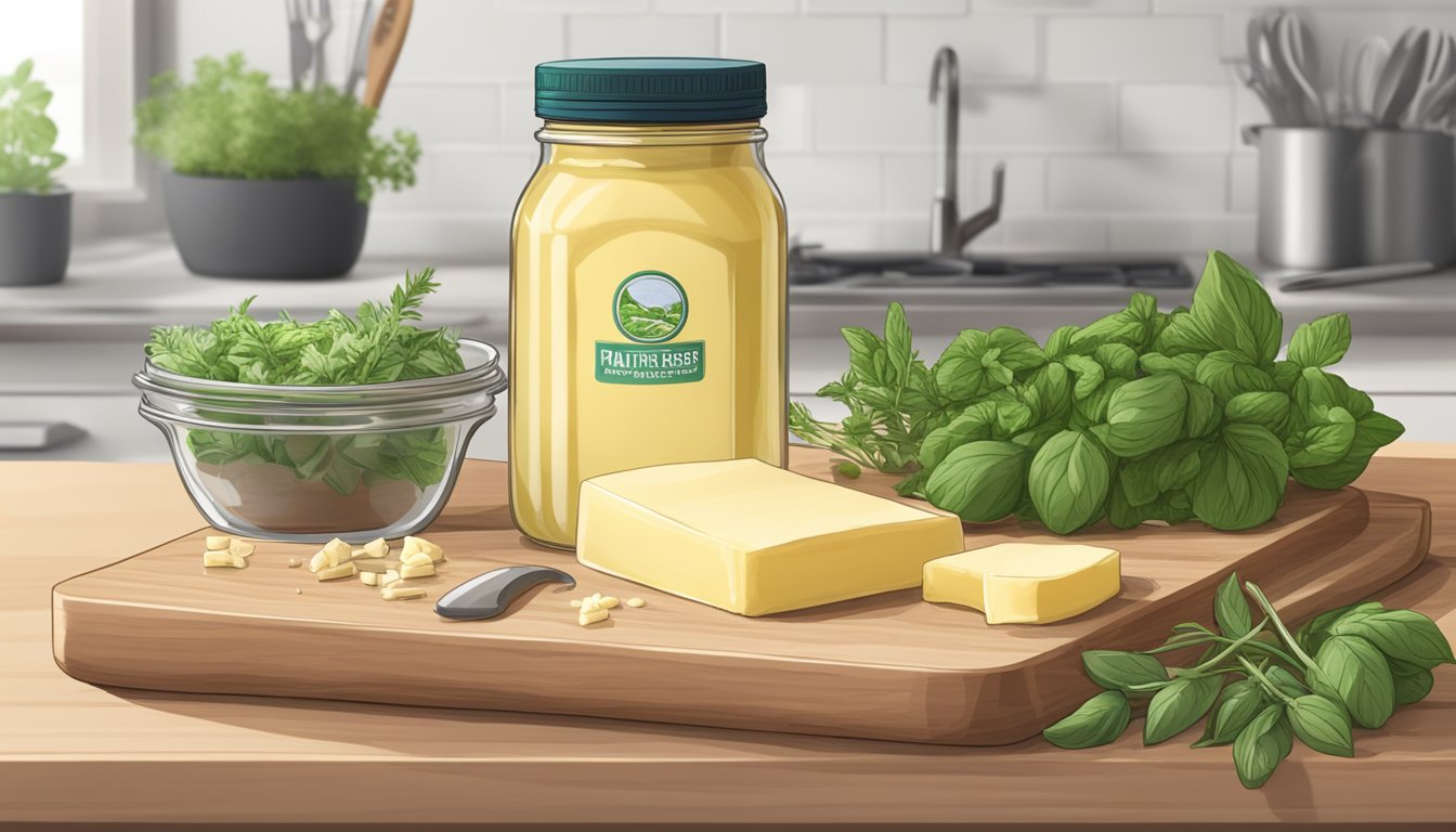 A jar of plant-based butter sits on a kitchen counter surrounded by fresh herbs, a cutting board, and various cooking utensils