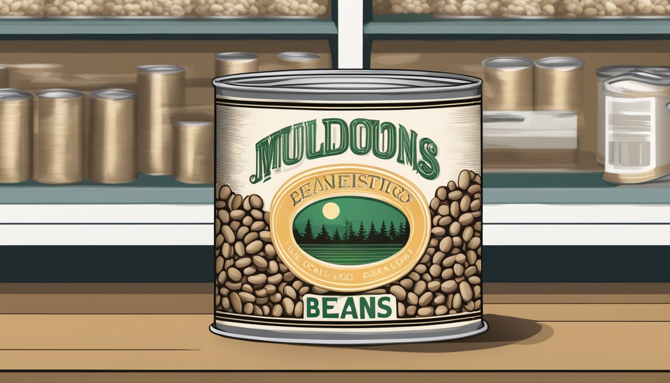 A can of beans sits on a shelf, its label faded and dented. The beans inside appear mushy and discolored, with a foul odor emanating from the open lid