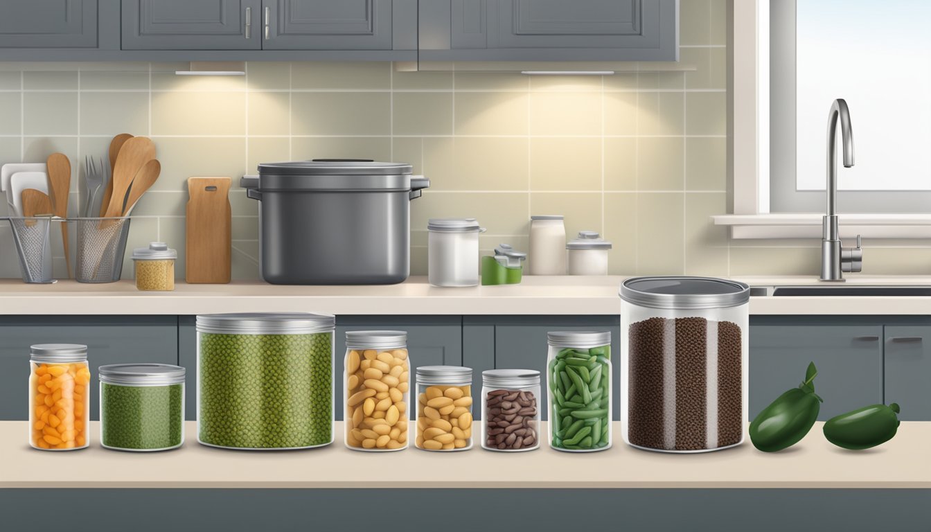 A kitchen counter with a variety of canned beans, a compost bin, and a recycling bin