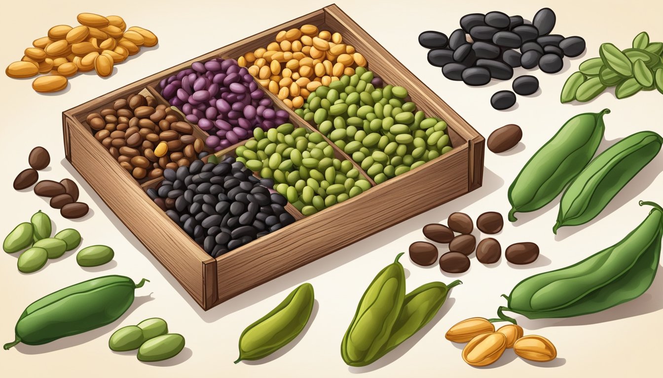 A variety of fresh beans in different colors and sizes, arranged in a rustic wooden crate, with a few scattered loose beans around it