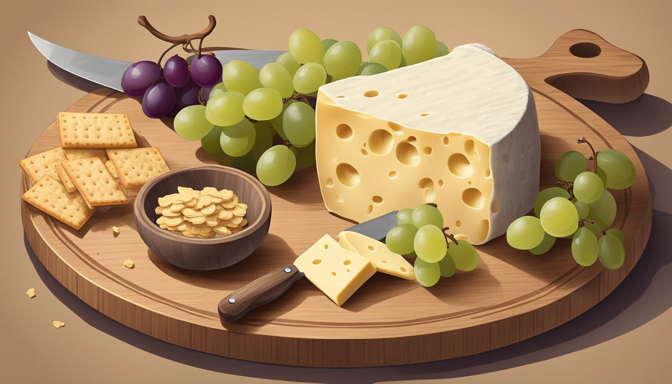 A wheel of Asiago cheese sits on a wooden cutting board, surrounded by a variety of crackers, grapes, and a small knife