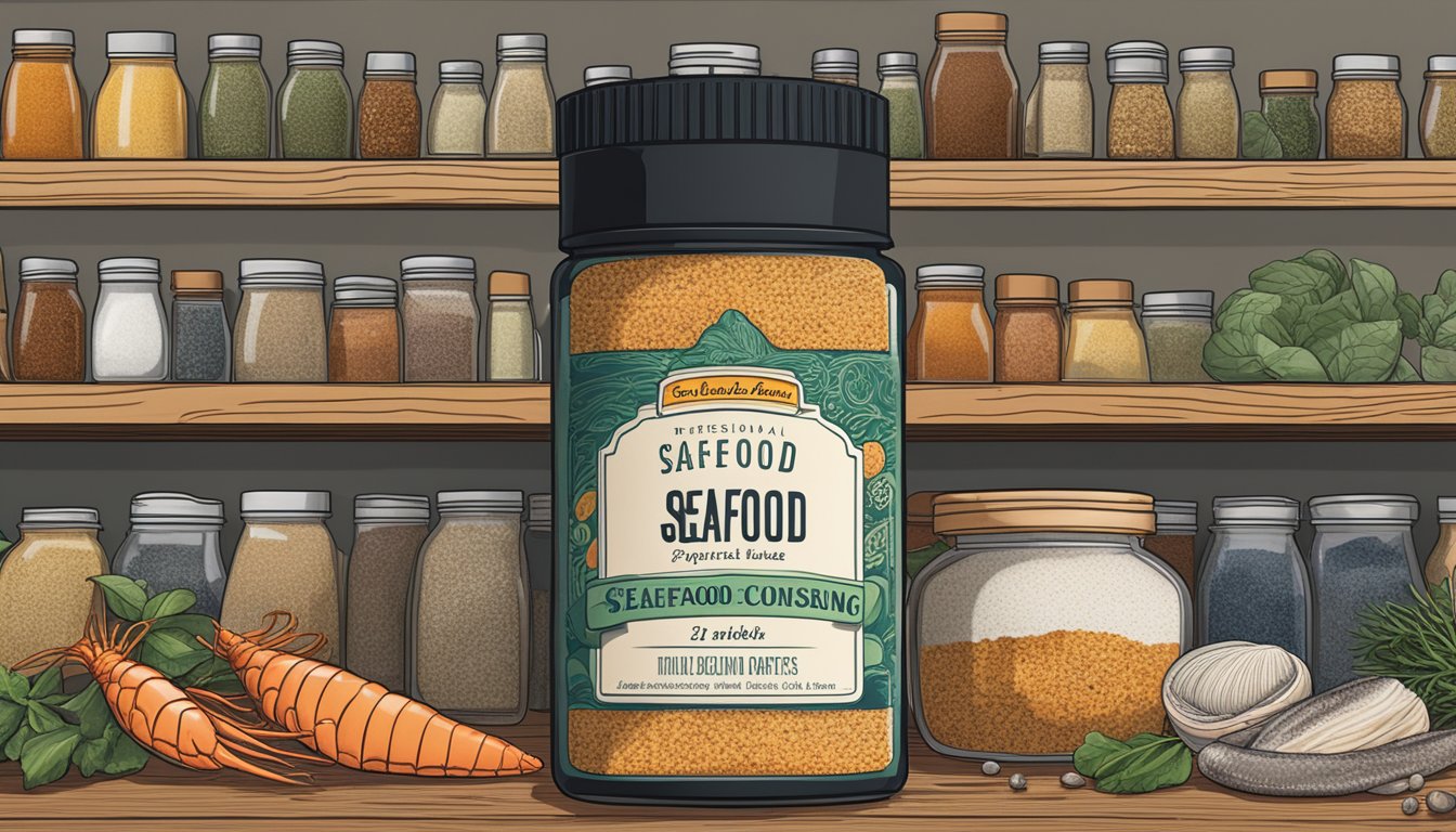 A jar of seafood seasoning sits on a shelf, surrounded by various spices. The label indicates the expiration date, and the lid is tightly sealed