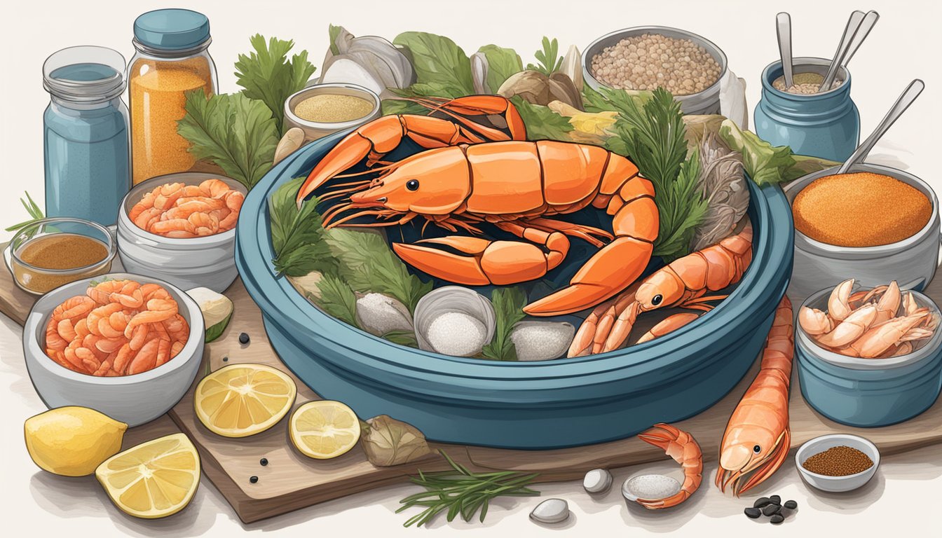 A jar of seafood seasoning sits on a kitchen counter, surrounded by a variety of fresh seafood, including shrimp, fish, and crab legs