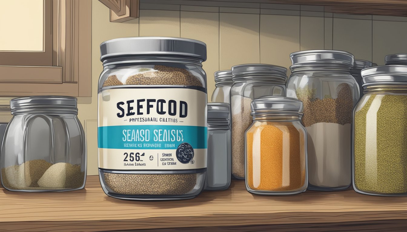 A jar of expired seafood seasoning sits on a cluttered kitchen shelf, with a label indicating its past due date