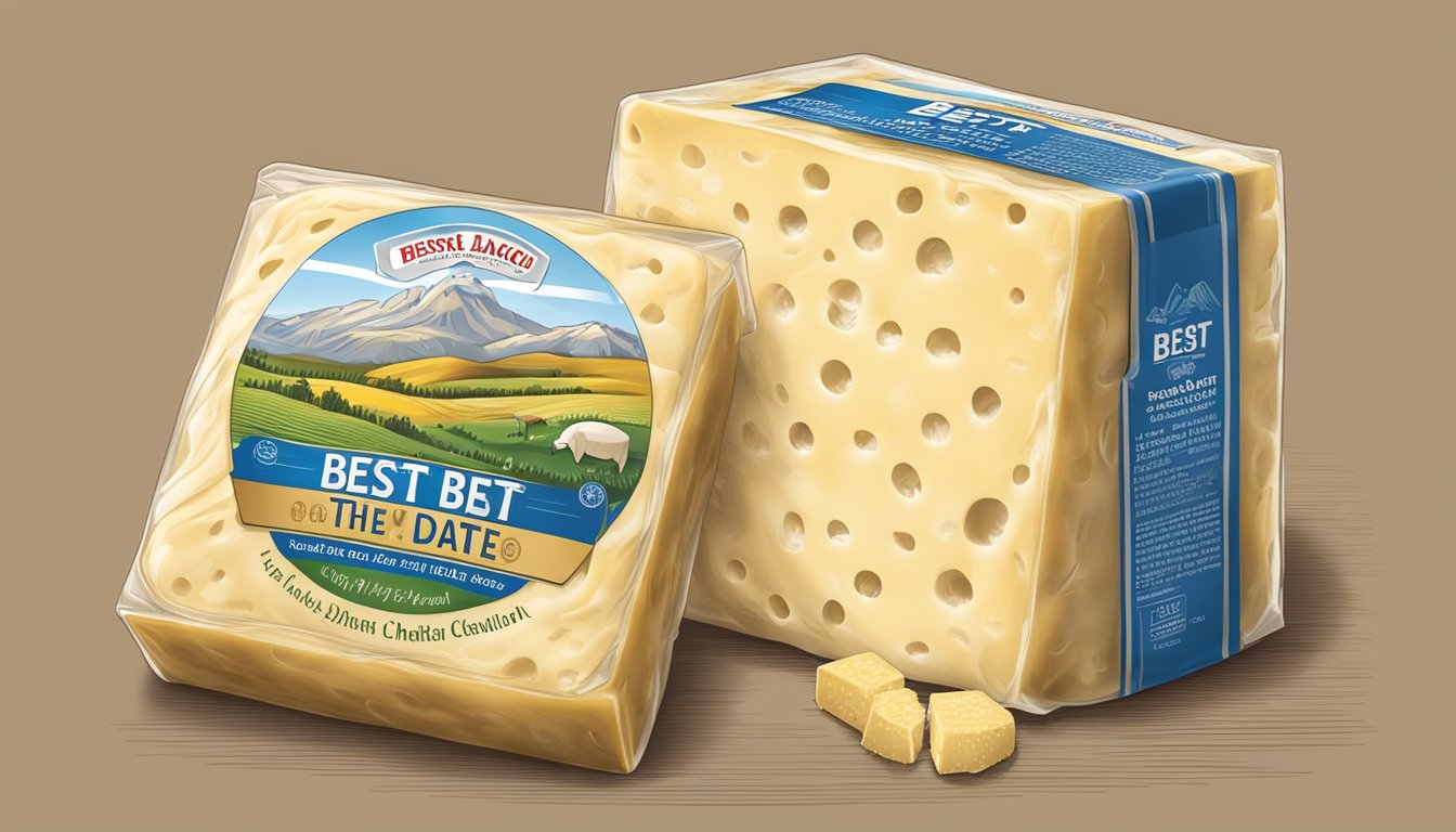 A block of Asiago cheese is carefully sealed in a vacuum pack with a "best by" date clearly displayed