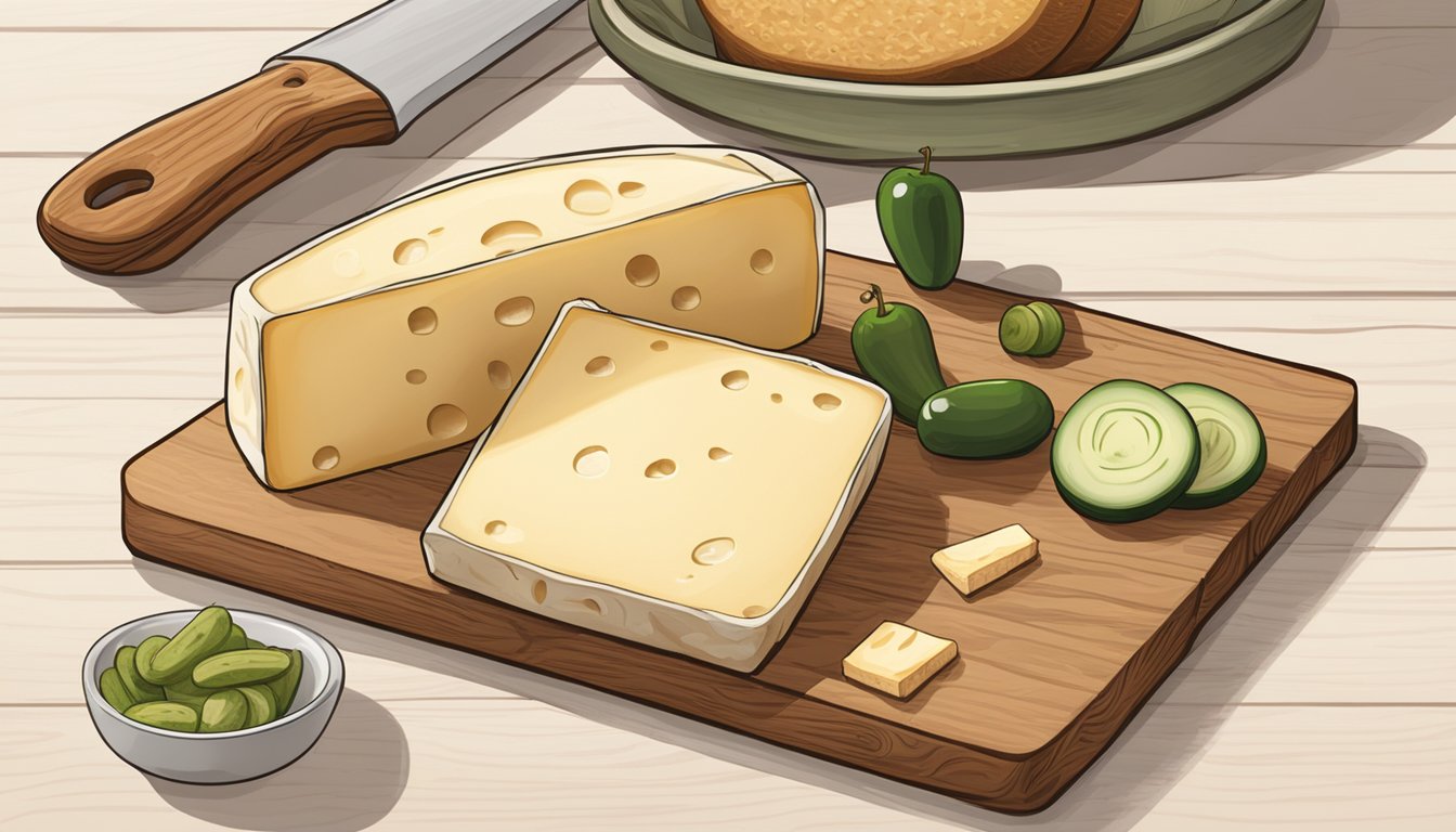 A block of Monterey Jack cheese on a wooden cutting board, surrounded by slices of bread and a small dish of pickles