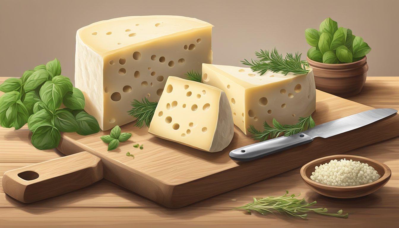 A block of Asiago cheese sits on a rustic wooden cutting board next to a cheese grater and a bowl of fresh herbs