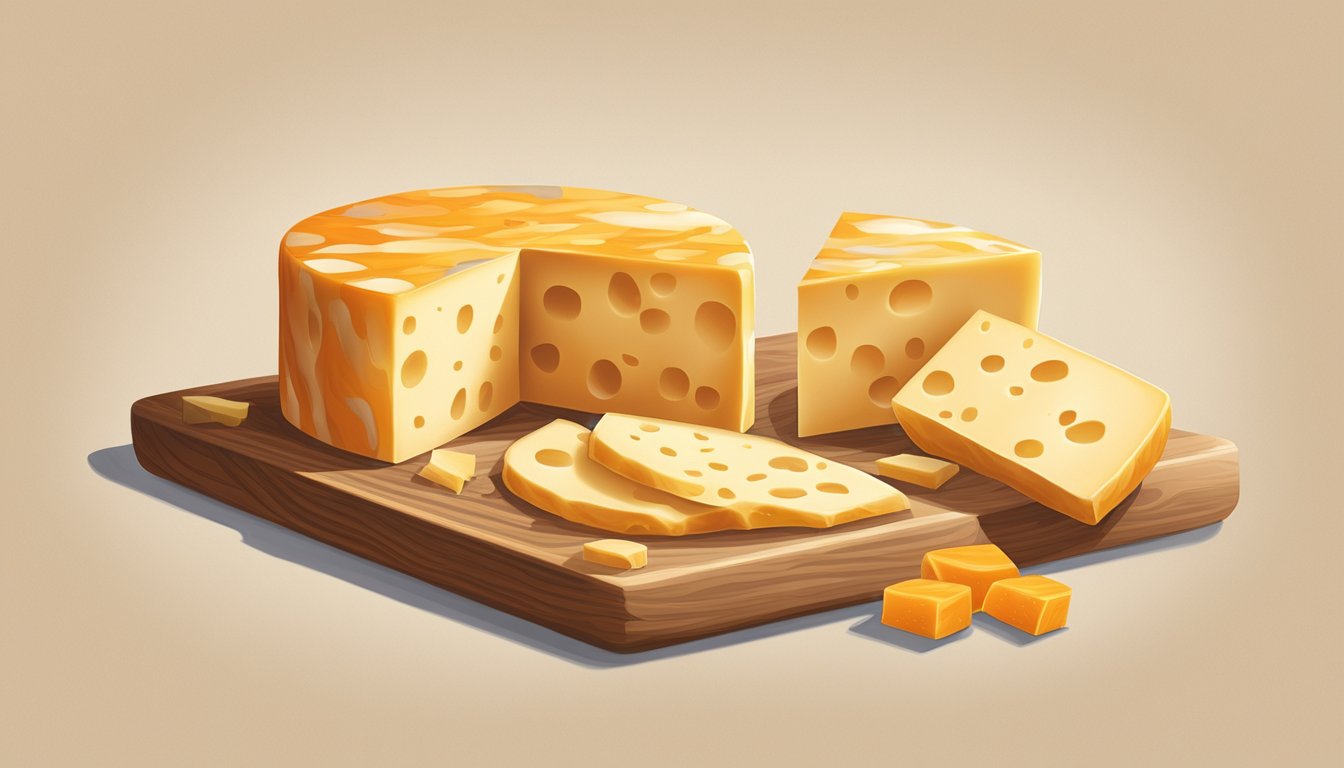 A wheel of Colby Jack cheese sits on a wooden cutting board, surrounded by a few scattered cheese slices. The cheese has a smooth, marbled appearance with a combination of orange and white colors