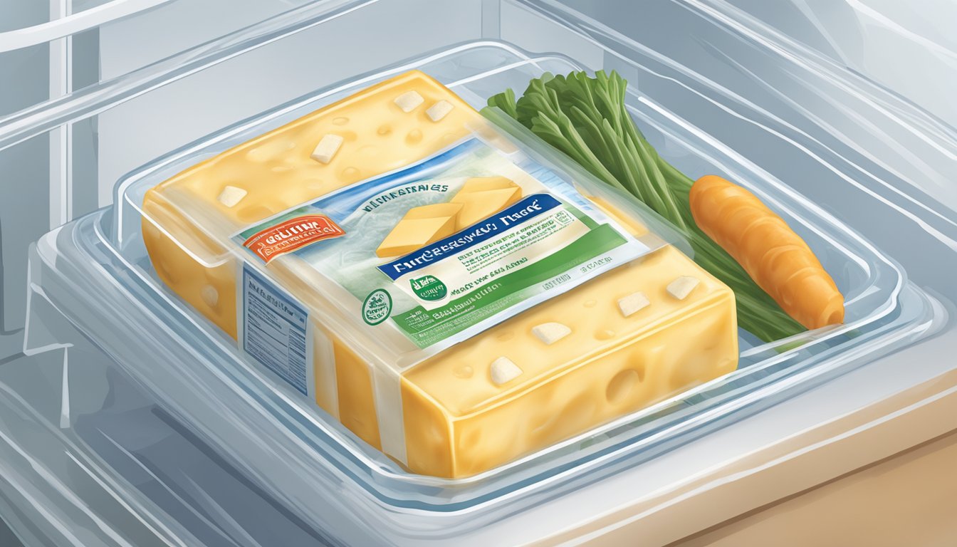 A block of monterey jack cheese wrapped in plastic, placed in a freezer next to other frozen foods