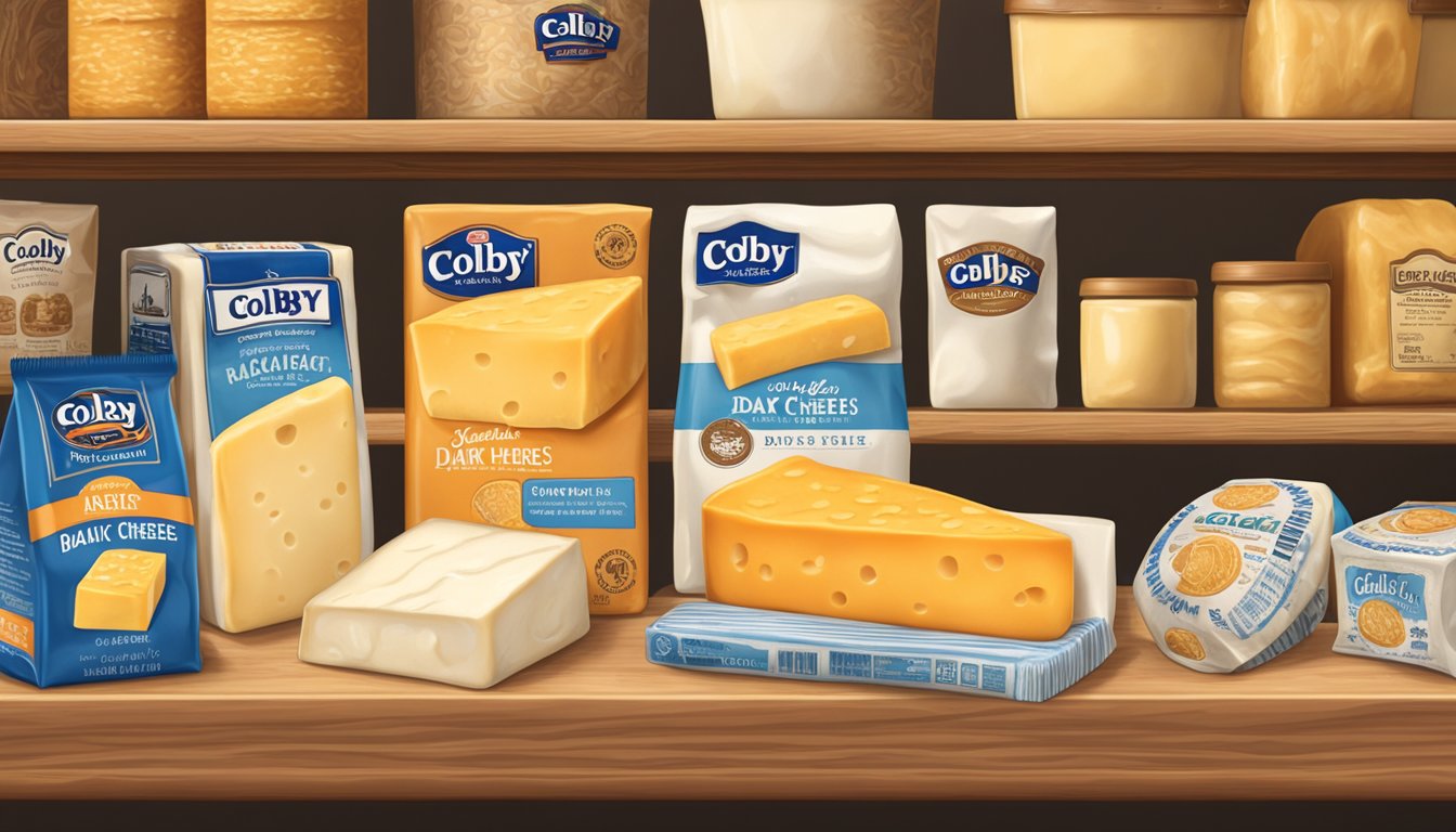 A block of Colby Jack cheese sits on a wooden shelf, surrounded by other dairy products. The packaging is slightly wrinkled, indicating it may be past its prime