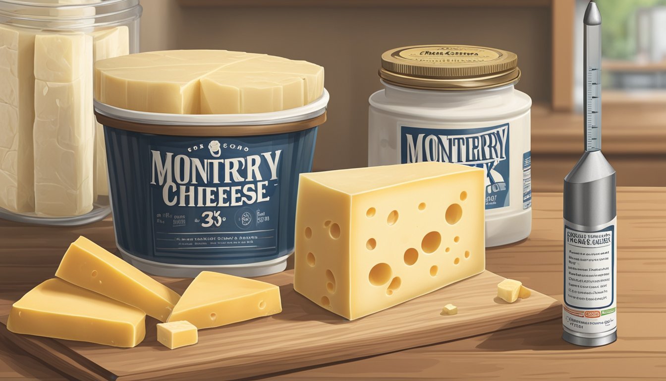 A block of monterey jack cheese sits on a shelf next to a container of cheese wax. A thermometer and a cheese storage guide are nearby