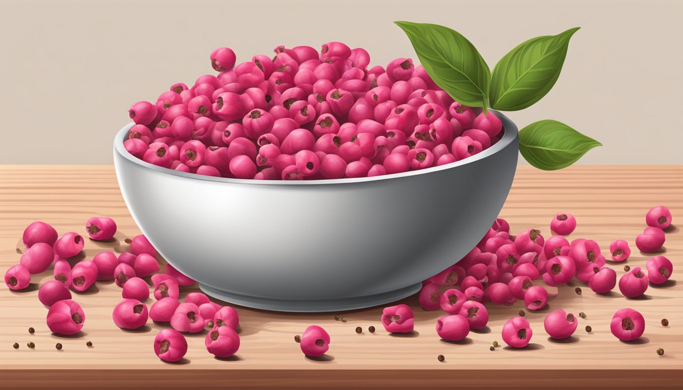 A bowl of pink peppercorns spilling out onto a wooden cutting board, with a few peppercorns rolling away