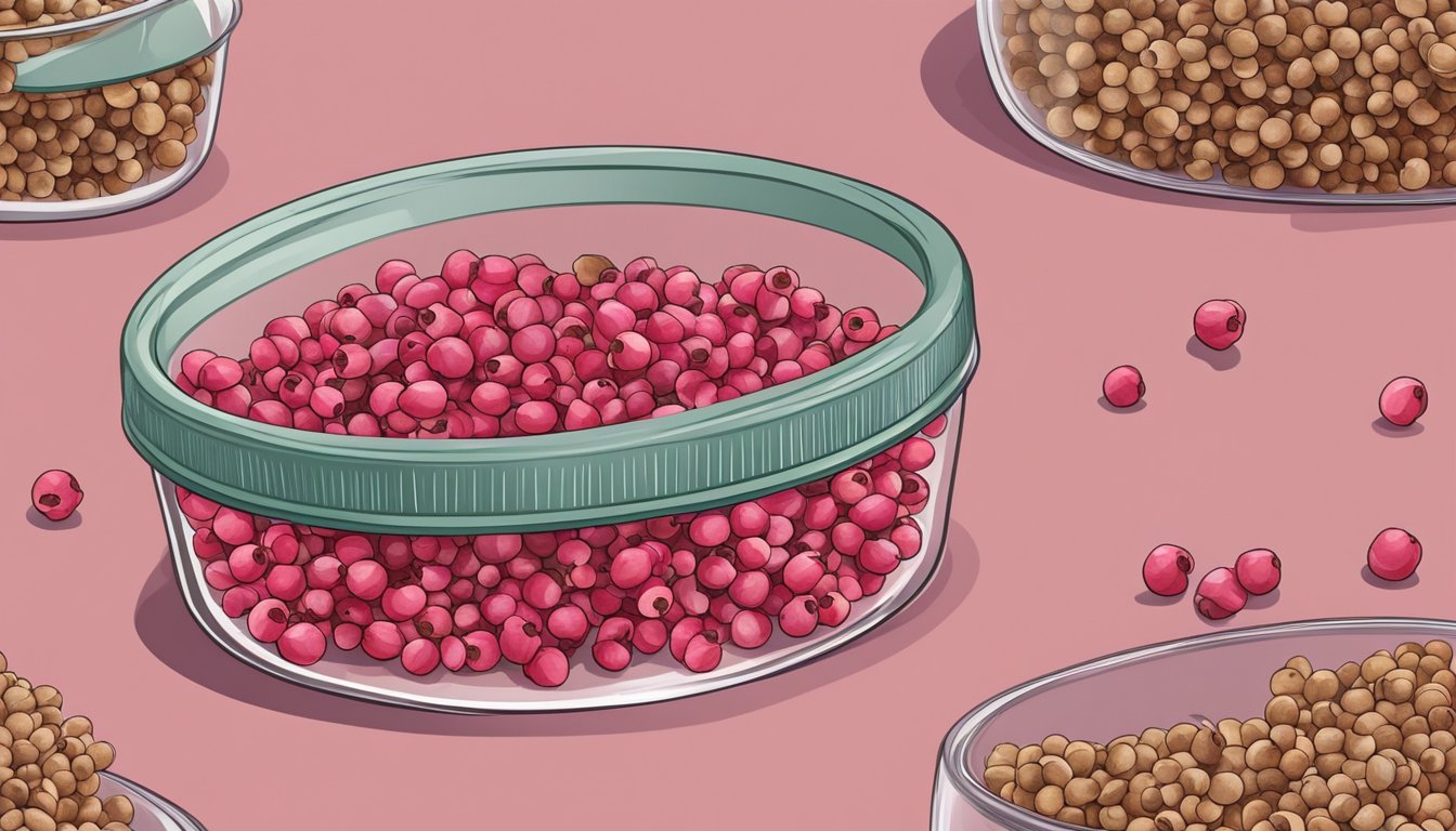 Pink peppercorns stored in a sealed container in a cool, dry pantry