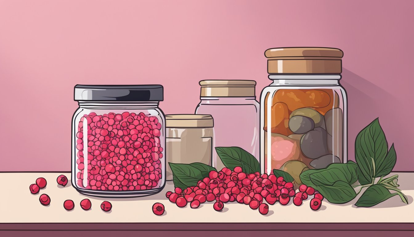 A jar of pink peppercorns sits on a shelf, surrounded by other spices. Some peppercorns have spilled onto the surface below