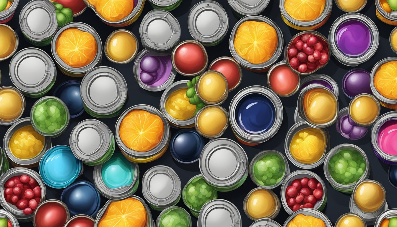 A pile of expired canned fruit with bulging lids and mold growth, emitting a foul odor