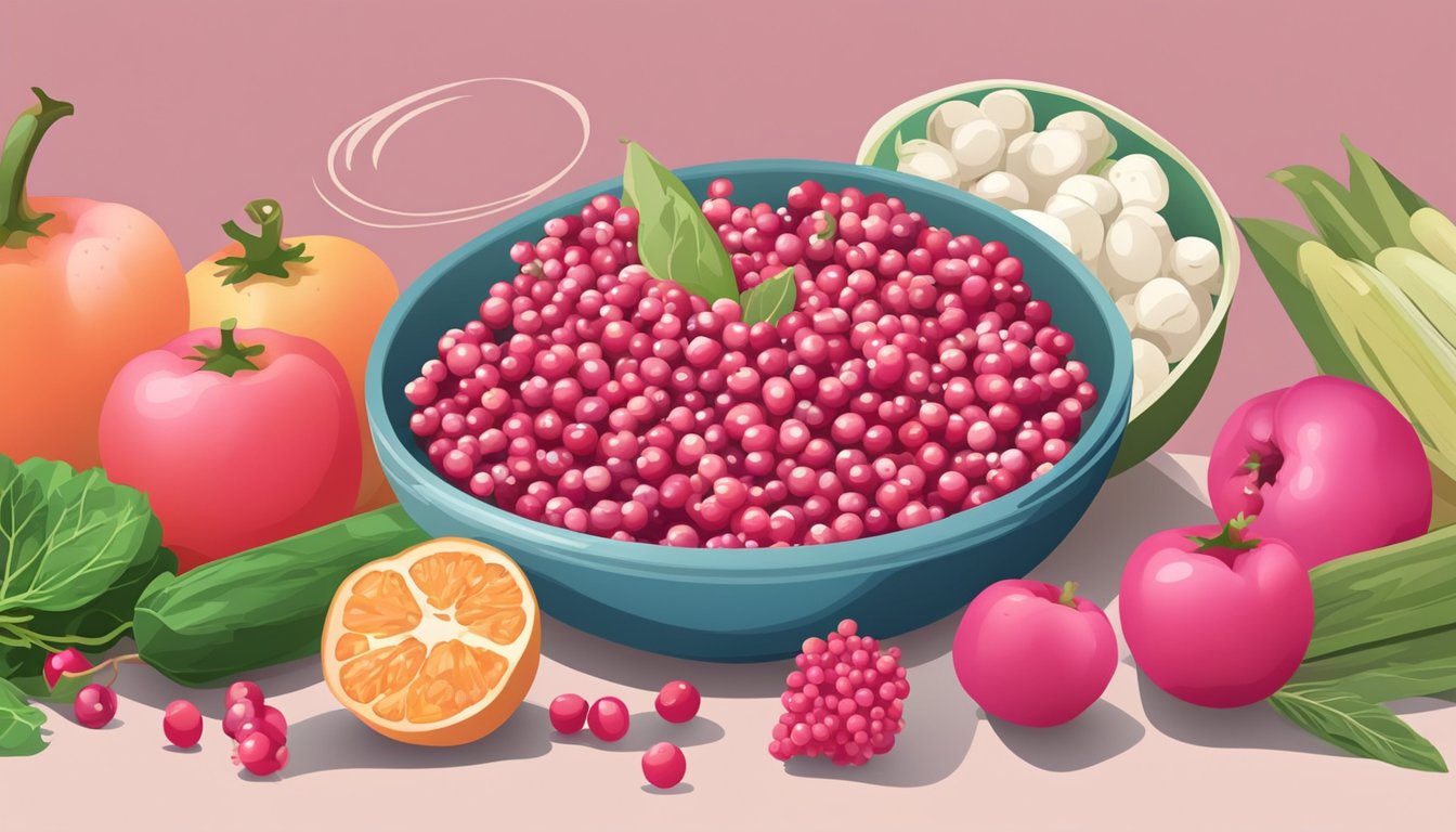 A small pile of pink peppercorns next to a bowl of fresh fruits and vegetables, with a label indicating their health benefits and nutritional value