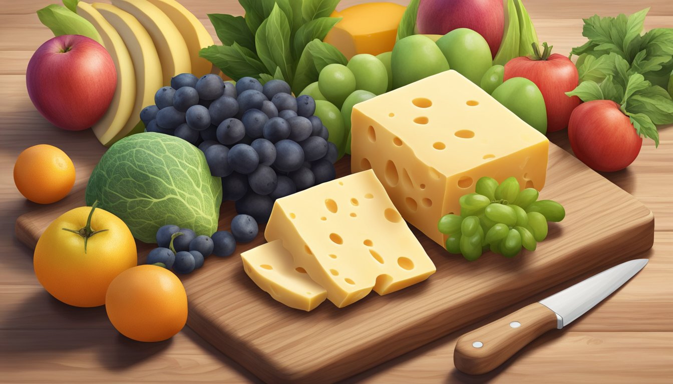 A block of plant-based cheese sits on a wooden cutting board, surrounded by colorful fruits and vegetables. The cheese appears fresh and enticing