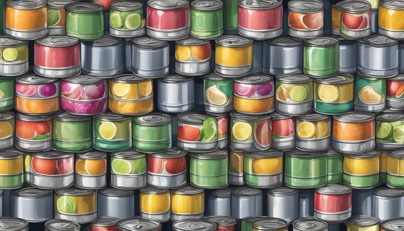 A shelf of canned fruit with intact, undented cans and unbroken seals