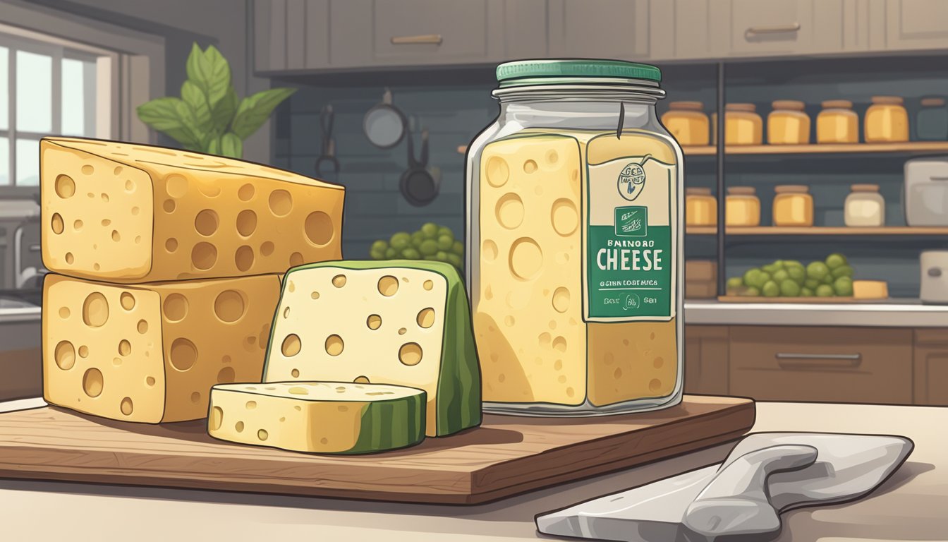 A block of plant-based cheese sits on a kitchen shelf, next to a jar of pickles and a loaf of bread. The expiration date on the cheese packaging is visible