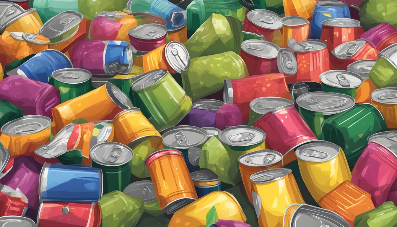 A pile of expired canned fruit with price tags, surrounded by overflowing trash bins