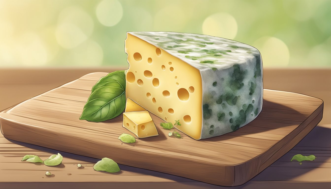 A block of plant-based cheese sits on a cutting board, surrounded by moldy spots and emitting a pungent odor