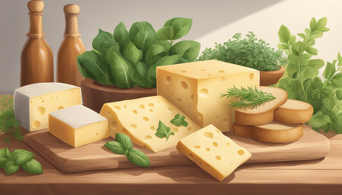 A block of plant-based cheese sits on a wooden cutting board surrounded by fresh herbs and a few slices of bread