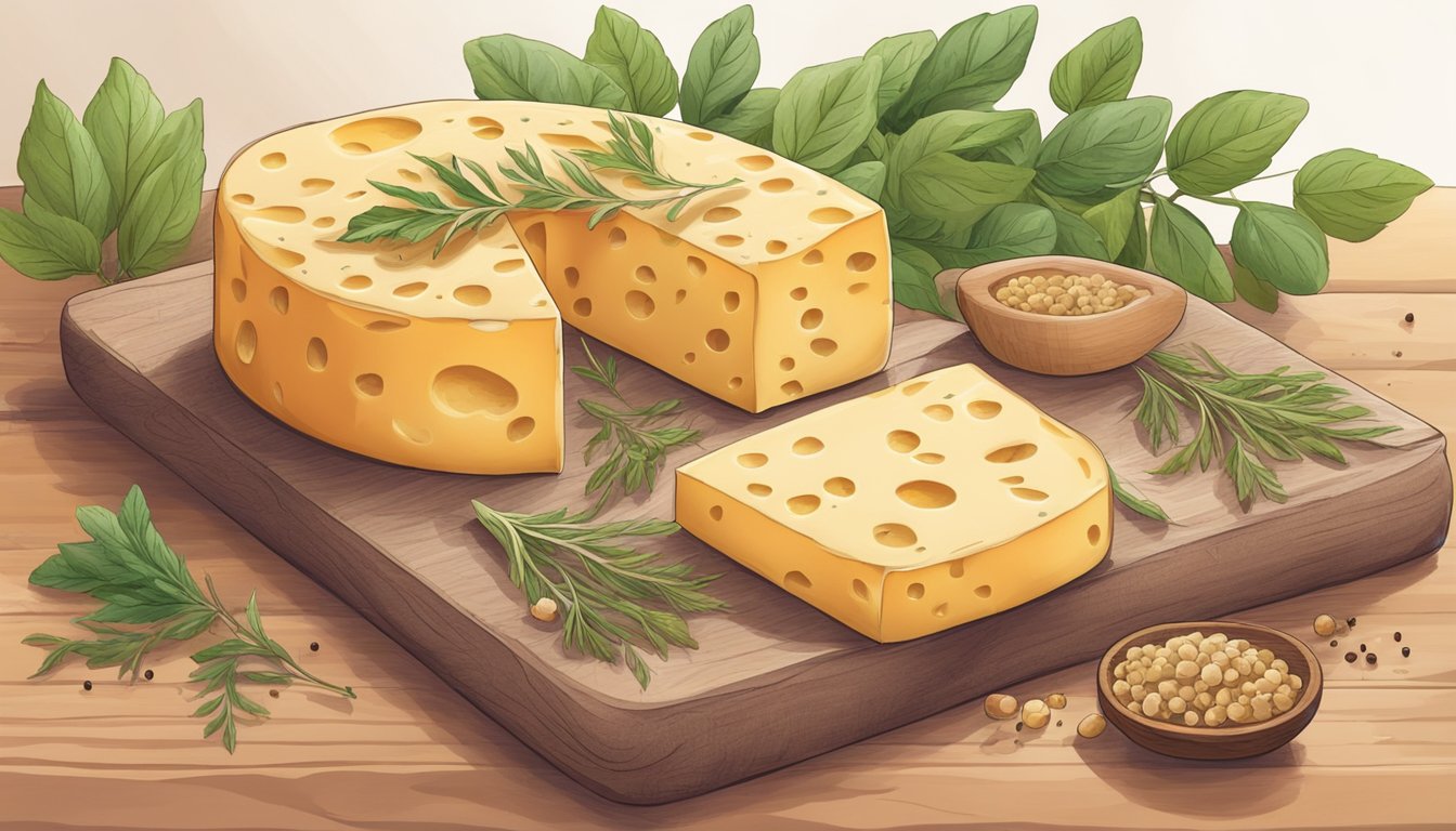 A block of plant-based cheese sits on a wooden cutting board, surrounded by colorful herbs and spices. A faint aroma of aged cheese fills the air