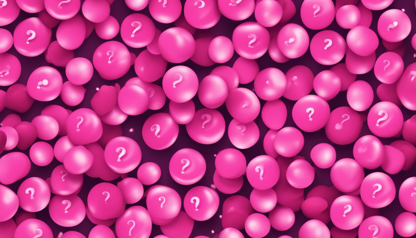 A small pile of pink peppercorns surrounded by question marks