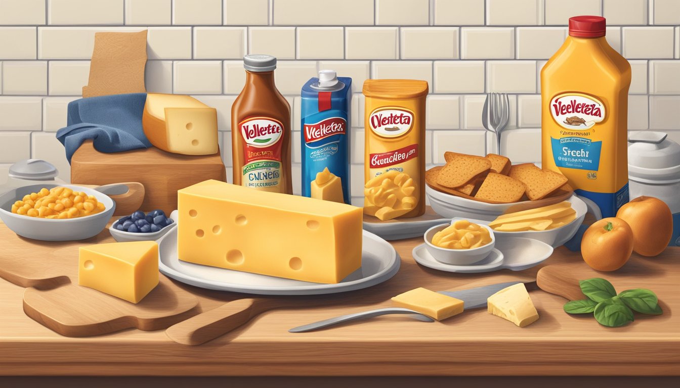 A block of Velveeta cheese sits on a kitchen counter, surrounded by various food items. It appears smooth and creamy, with no signs of spoilage