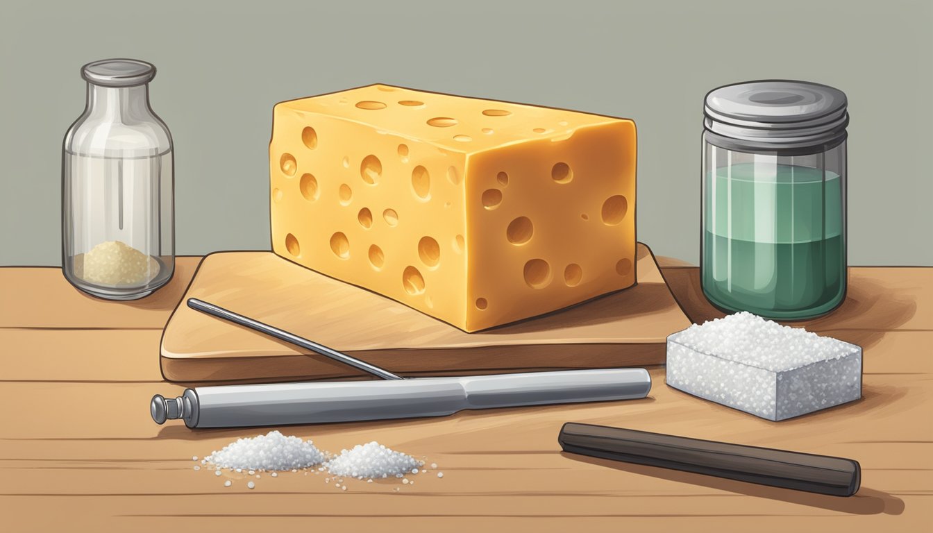 A block of cheddar cheese sits on a kitchen counter, surrounded by a thermometer, a container of salt, and a safety manual