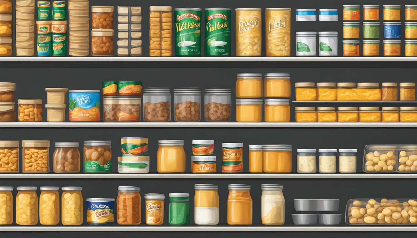 A pantry shelf with neatly organized rows of canned goods and a block of Velveeta cheese stored in an airtight container