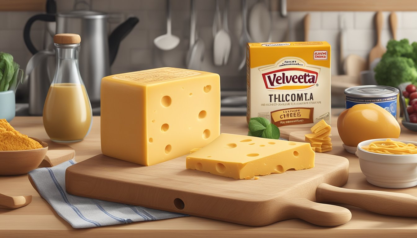 A block of Velveeta cheese sits on a wooden cutting board surrounded by various kitchen utensils and ingredients. A faint expiration date is visible on the packaging