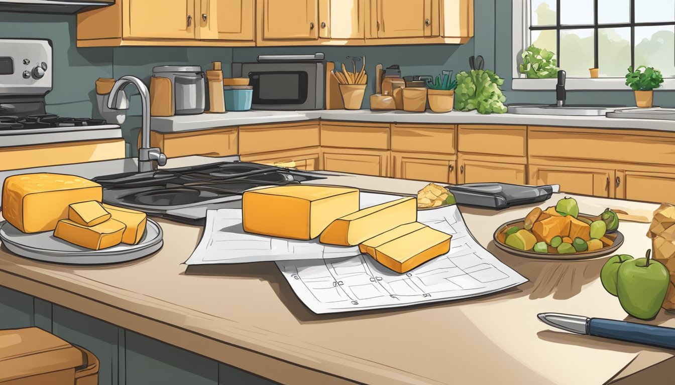 A block of cheddar cheese sits on a kitchen counter, surrounded by various food items and a calendar showing the current date